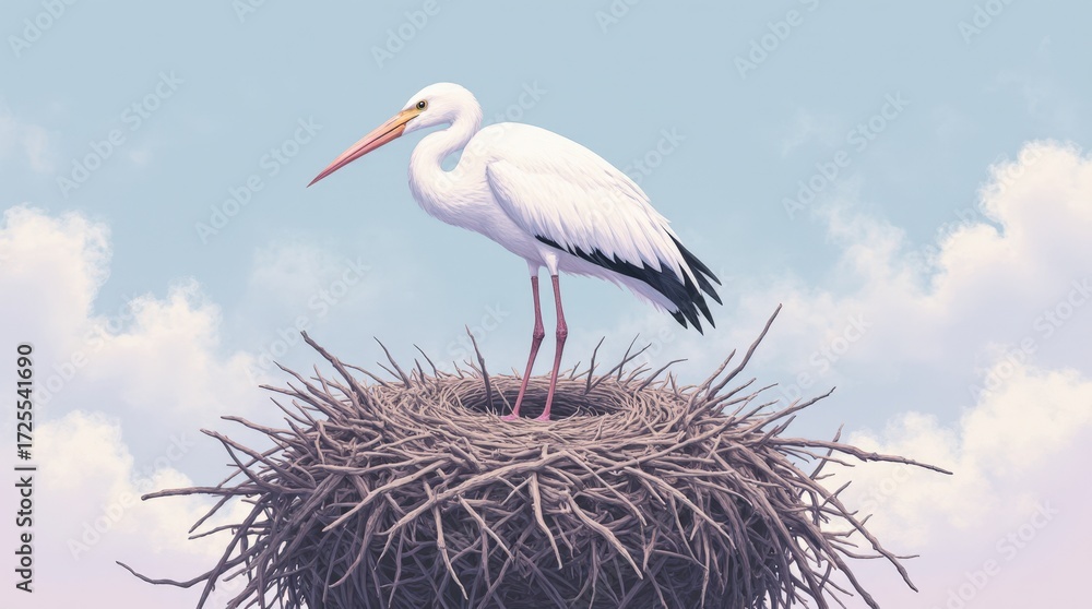 Fototapeta premium Solitary stork on a twig nest under soft cloudy sky, gentle diffused light, subtle cool blues and warm earth tones, peaceful nature scene with contemplative mood