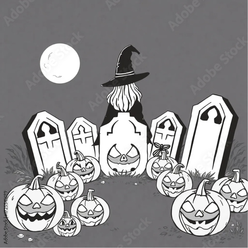 A witch watching from behind the tombstones in a glowing jack-o'-lantern trail surrounded by cursed pumpkins.