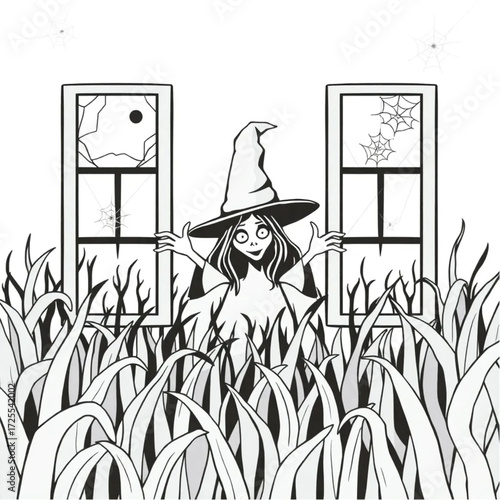 A witch staring through cracked windows in a eerie cornfield surrounded by spider webs.
