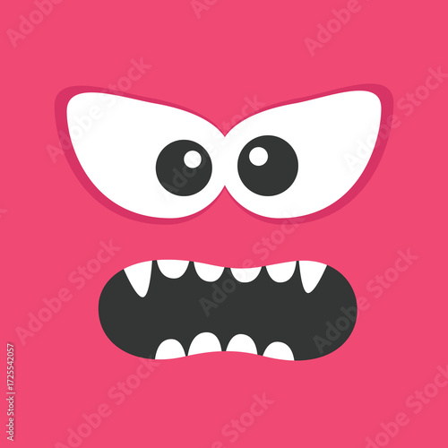 Red monster face head banner. Happy Halloween. Cute square monster. Spooky angry screaming sad face emotion. Boo. Eyes, mouse, tongue, teeth fang. Flat design. Baby kids background Vector illustration