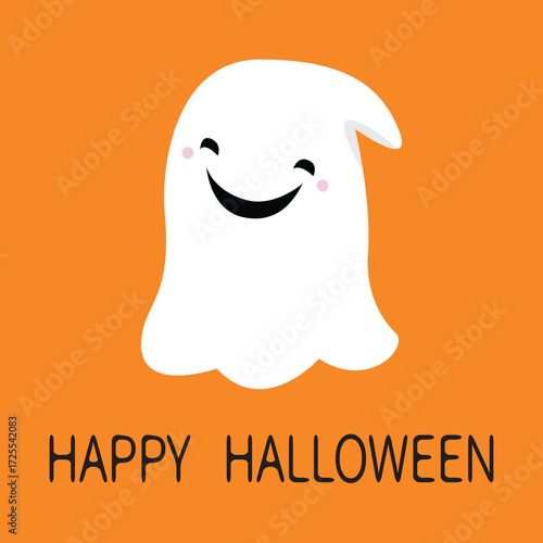 Flying ghost spirit. Happy Halloween. Scary white ghost. Cute cartoon spooky character. Smiling spooky face. Orange background. Greeting card Isolated. Flat design. Vector illustration