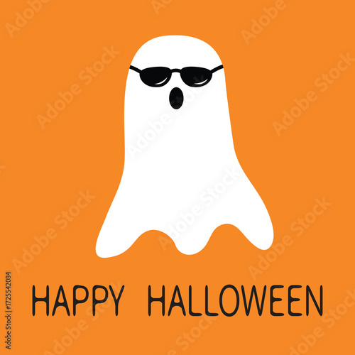 Flying ghost spirit wearing sunglasses. Black glasses. Happy Halloween. Scary white ghost. Cute cartoon spooky character. Smiling spooky face. Orange background. Greeting card Flat design. Vector