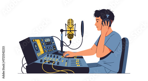 Young male sound engineer operating mixing console in professional recording studio with microphone and headphones during podcast creation