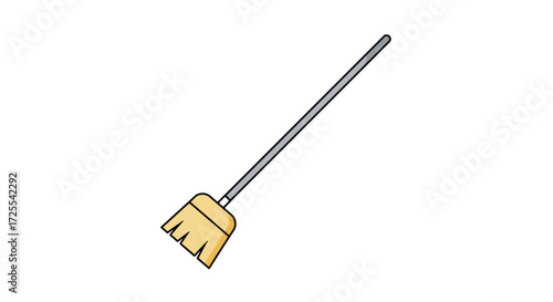 Cartoon Broom with Gray Handle and Yellow Bristles Black Outline.
