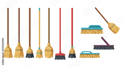 Collection of Diverse Brooms and Brushes with Wooden and Plastic Handles.