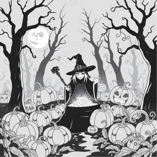 A witch guarding a hidden treasure in a twisted pumpkin forest surrounded by fog-shrouded statues.