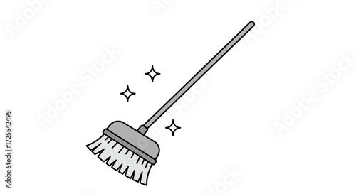 Gray Broom with Bristles and Stars Cleaning Tool Illustration.