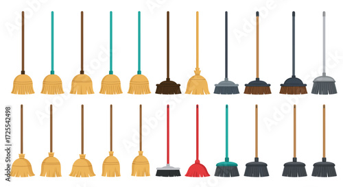 Colorful Collection of Brooms with Wooden and Plastic Handles for Cleaning.