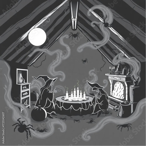 A witch gathering for a midnight ritual in a spider-infested attic surrounded by swirling mist.