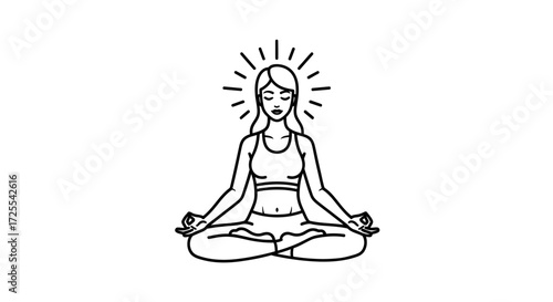 Line art illustration featuring a woman meditating in lotus pose surrounded by light rays