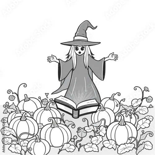 A witch emerging from the fog in a pumpkin patch surrounded by ancient spellbook.