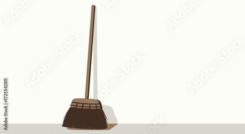 Simple Brown Broom with Wooden Handle and Bristles Illustration.