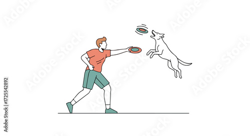 Dynamic Duo: Man and Dog Playing Frisbee Together in Simple Outlined Illustration Showing Joy and Active Lifestyle