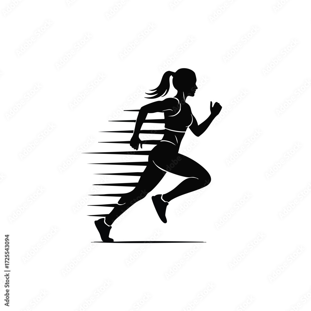 Obraz premium Dynamic silhouette of a female runner in motion, showcasing speed and athleticism with a sense of energy and movement.