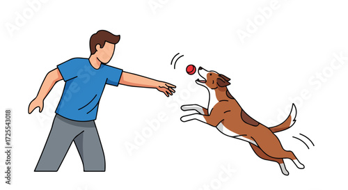 A man plays with his dog in a playful scene, a simple illustration showcasing the bond between humans and animals, highlighting joy and companionship