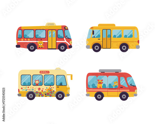 Collection of four colorful cartoon buses with various designs and windows showing scenes perfect for children s transportation themes