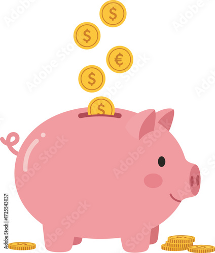 Pink piggy bank filled with falling golden coins saving money and wealth accumulation concept isolated on transparent background