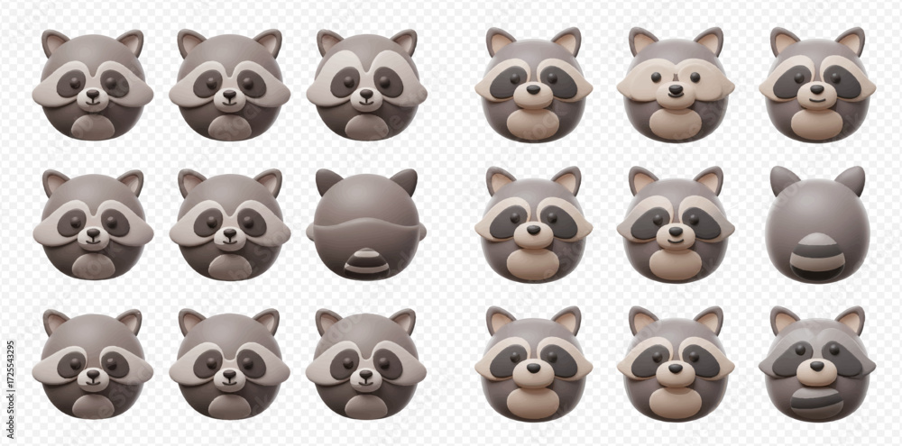 Fototapeta premium Collection of cute 3D rendered raccoon characters with varied expressions and poses.