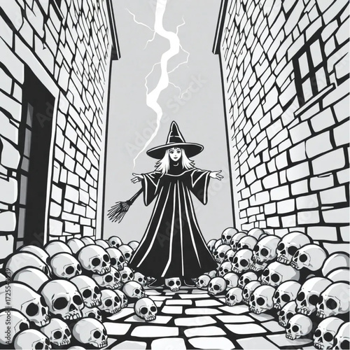 A witch appearing in a sudden flash of lightning in a cobblestone alley surrounded by pile of skulls.
