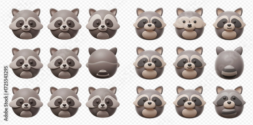 Collection of cute 3D rendered raccoon characters with varied expressions and poses.