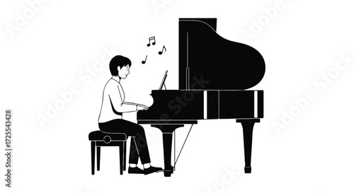 Monochrome rendition depicting a pianist absorbed in melodic performance before a grand piano with visible musical notes