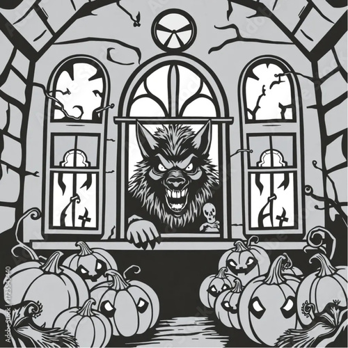 A werewolf staring through cracked windows in a decaying opera house surrounded by cursed pumpkins.