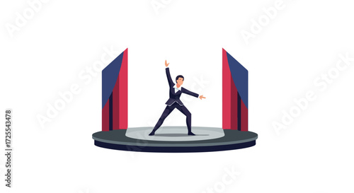 Dynamic performer on stage delivering an energetic presentation, captivating audience with unique gestures and presence on the illuminated stage