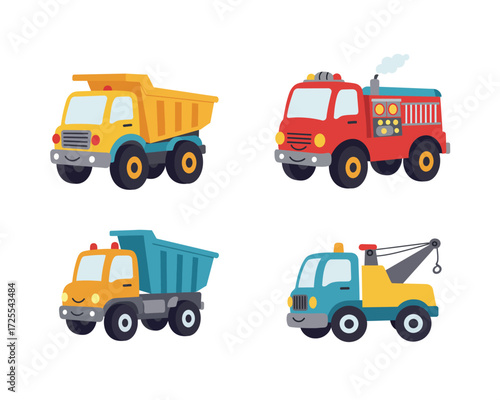 Collection of four colorful cartoon construction and emergency vehicles including a dump truck fire truck and tow truck