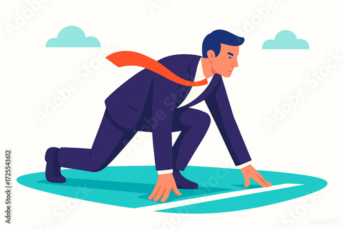 Dynamic businessman at starting line ready for success, professional and modern concept, career goals