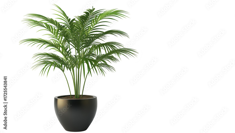Fototapeta premium A lush green palm plant in a sleek black pot. positioned elegantly on a clean white background. creating a serene atmosphere perfect for modern interior decor