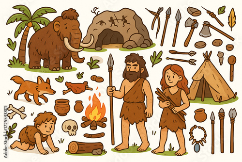 Prehistoric Life Cartoon Illustration with Early Humans, Mammoth, Tools, and Nature Elements