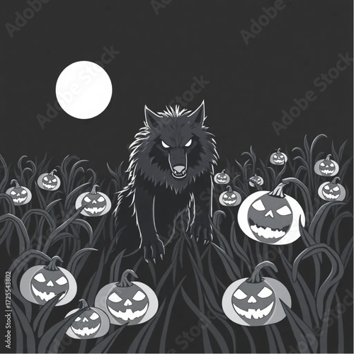 A werewolf lurking in the shadows in a eerie cornfield surrounded by glowing jack-o'-lanterns.