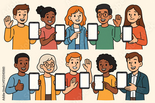 Cartoon Characters Holding Blank Smartphones for Digital Communication Themes