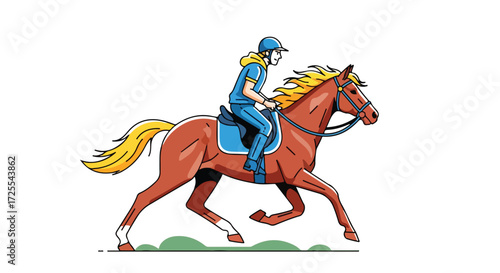 Dynamic equestrian scene featuring a rider and a chestnut horse captured in a stylized cartoon illustration depicting motion and grace