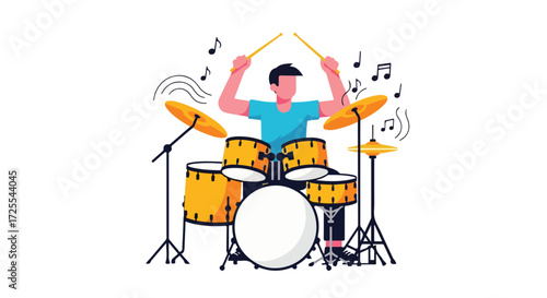 Energetic drummer in action: Musical performance with vibrant drum kit and musical notes illustration