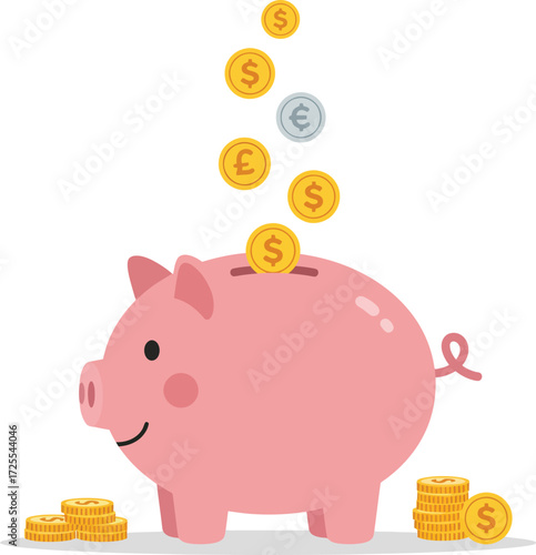 Pink piggy bank receiving coins for savings and financial growth concepts isolated on transparent background