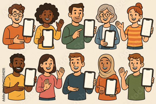 Cartoon Characters Holding Blank Smartphones for Digital Communication Themes