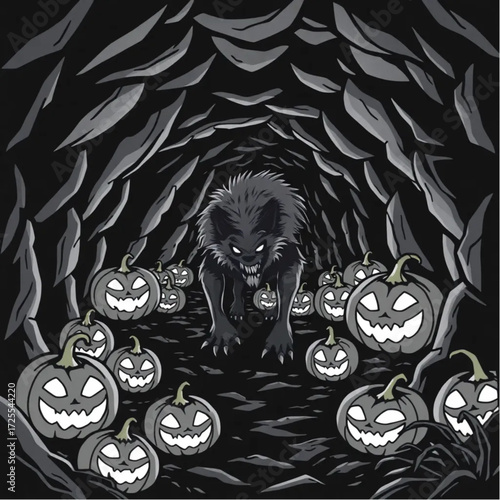 A werewolf creeping through the darkness in a underground catacomb surrounded by glowing jack-o'-lanterns.