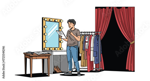 Actor rehearsing lines in dressing room with illuminated mirror and wardrobe rack before stage show performance