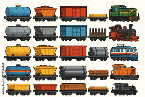 Cartoon Railway Vehicle Grid Illustration with Diverse Train Car Styles and Functions