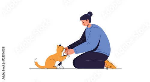 Ginger cat playing with a woman in a minimalist setting promoting companionship and affection showcasing interactive moment between human and feline