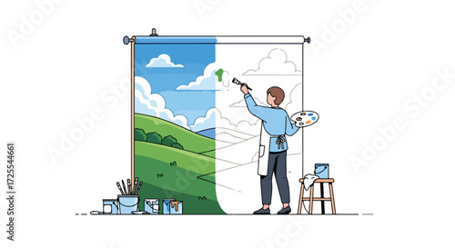 Artist's rendition of a vibrant landscape being painted, showcasing creativity and the transformative power of art with meticulous brushstrokes