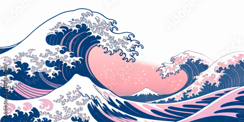 Japanese-inspired wave art featuring bold curves and delicate foam, rendered in soft pink and deep blue with a tranquil mountain backdrop.
