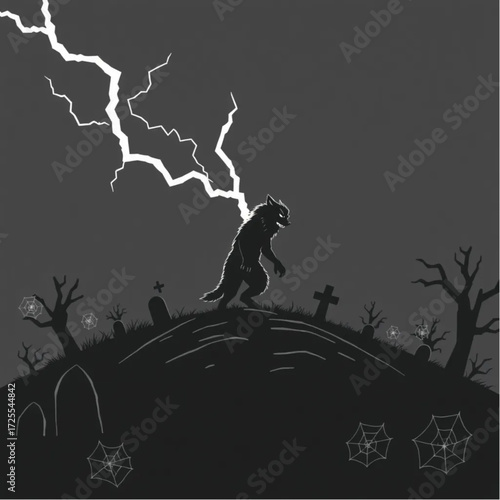 A werewolf appearing in a sudden flash of lightning in a shadowy cemetery hill surrounded by spider webs.