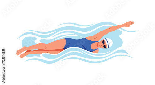 Focused swimmer gliding through stylized water, demonstrating a freestyle stroke technique and water sports activity, vector illustration