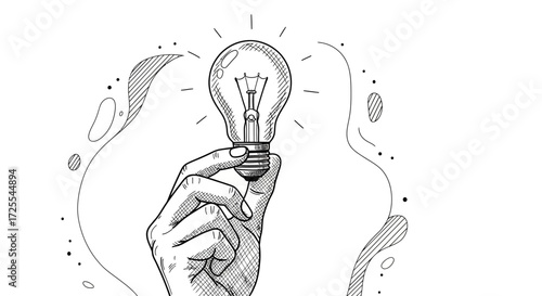 Hand holding a glowing light bulb symbolizing bright ideas and creative thinking illustration