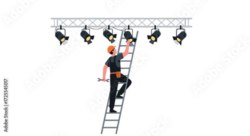 Stagehand Adjusting Lighting Fixtures on Ladder, Ensuring Perfect Illumination for Performance with Professionalism and Safety Measures