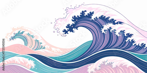 Elegant wave illustration with flowing lines and pastel tones, combining Japanese ukiyo-e style with a contemporary color palette.
