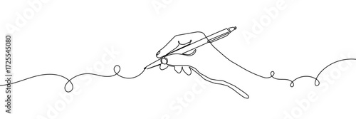 Continuous one line pen hand pencil write one art icon book journal sketch. Sign line pen hand vector signature letter notebook person background contract document single legal white school paper