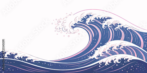 Artistic ocean scene with curling waves and pink highlights, evoking energy and movement in a stylized, traditional Japanese aesthetic.
